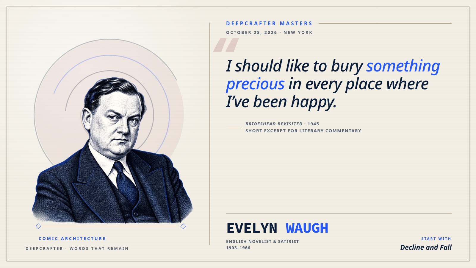 Original portrait quote card for Evelyn Waugh on memory, satire and the architecture of happiness