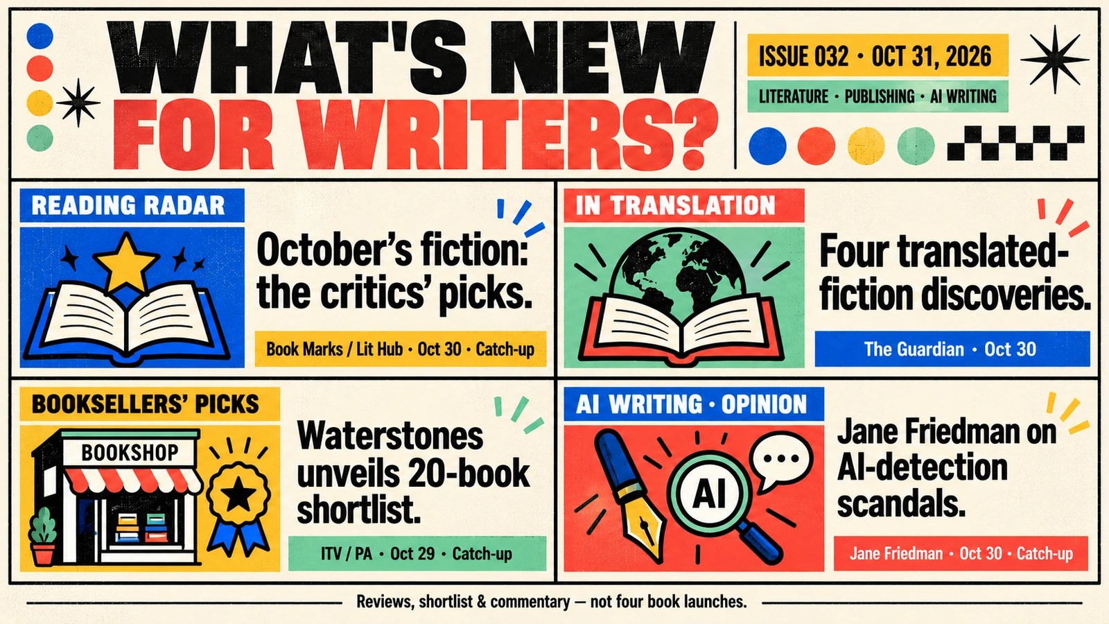 Issue032: four sourced reading and publishing discoveries in a cream retro editorial grid.