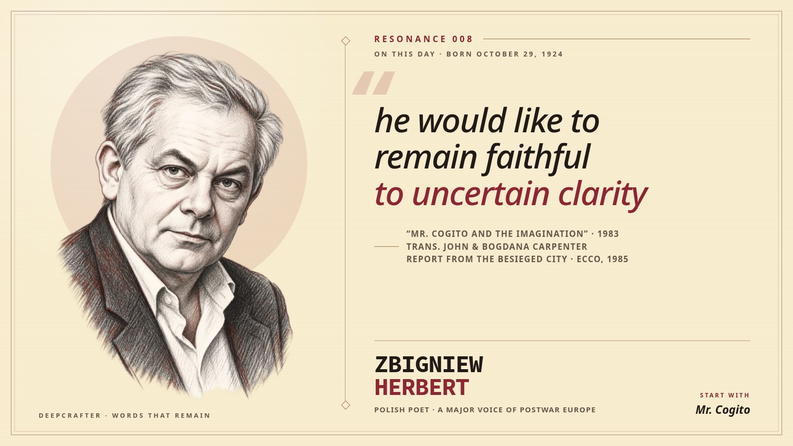 Original illustrated portrait quote card for Zbigniew Herbert on remaining faithful to uncertain clarity